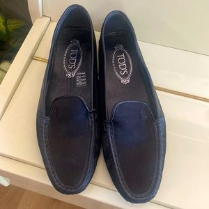 Tod’s satin/leather black loafers; for  narrow feet;really love them, like new.